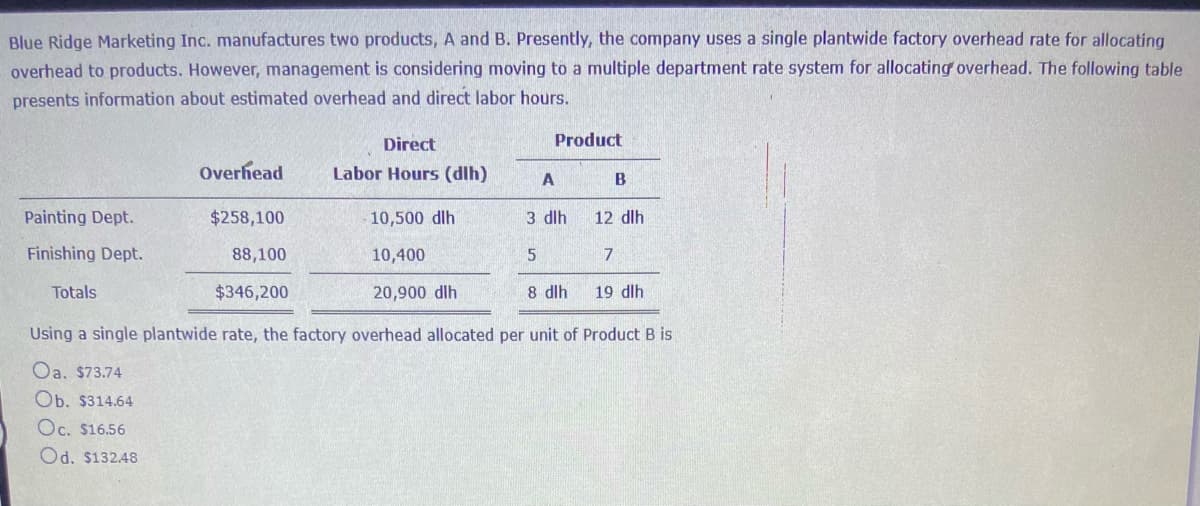 Blue Ridge Marketing Inc. manufactures two products, A and B. Presently, the company uses a single plantwide factory overhead rate for allocating
overhead to products. However, management is considering moving to a multiple department rate system for allocating overhead. The following table
presents information about estimated overhead and direct labor hours.
Direct
Product
Overhead
Labor Hours (dlh)
A
B
Painting Dept.
$258,100
10,500 dlh
3 dlh
12 dlh
Finishing Dept.
88,100
10,400
5
7
Totals
$346,200
20,900 dlh
8 dlh
19 dlh
Using a single plantwide rate, the factory overhead allocated per unit of Product B is
Oa. $73.74
Ob. $314.64
Oc. $16.56
Od. $132.48
