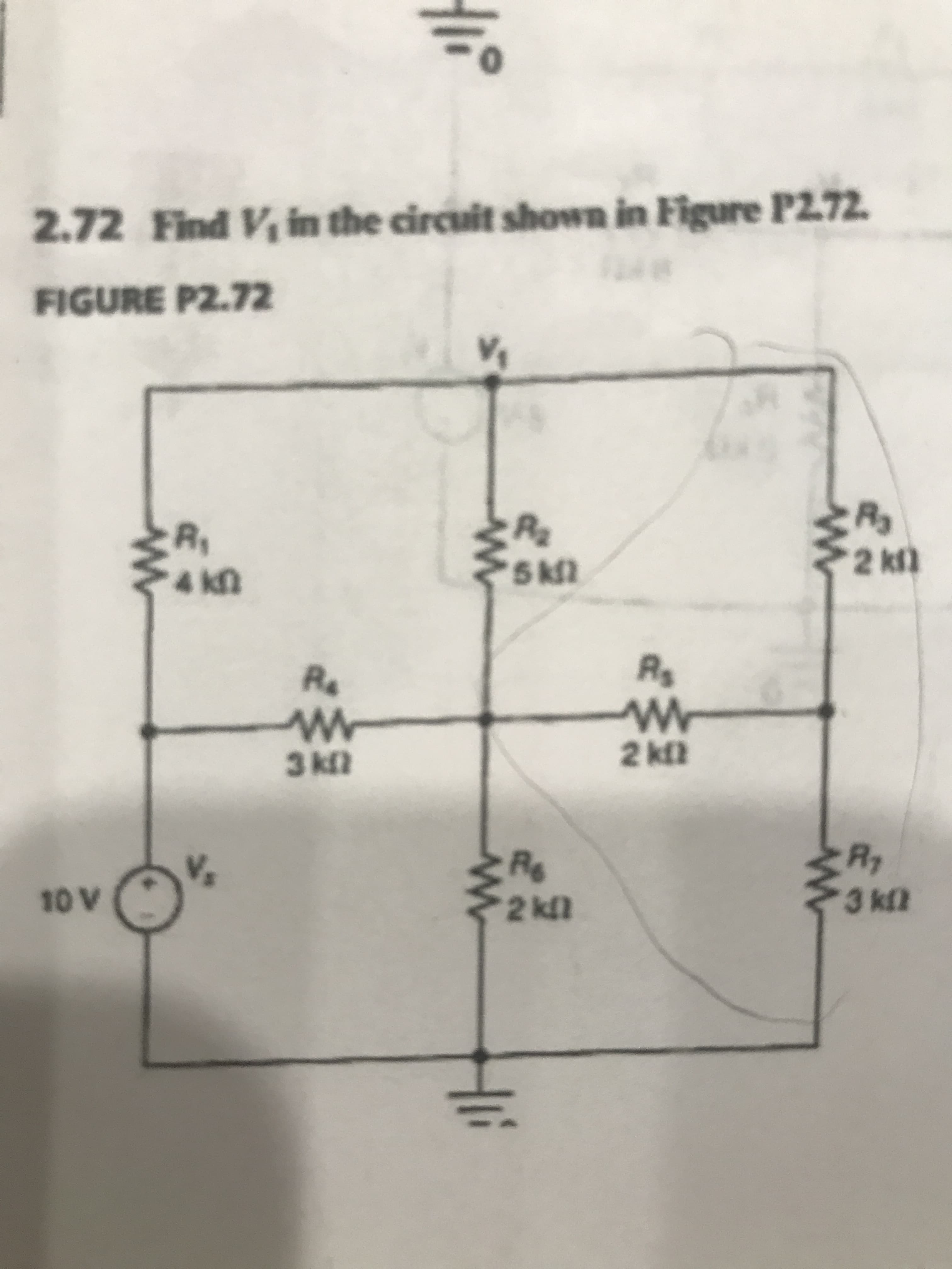Find V in the circuit shown in Figure P272.
2.72
FIGURE P2.72
R,
4 kn
2 kl)
R.
Re
2 kfl
3 k2
R.
Rg
2 kll
Vs
3 kl2
10 V
