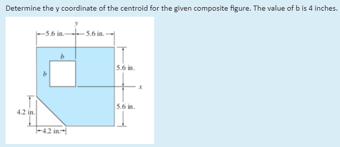 Determine the y coordinate of the centroid for the given composite figure. The value of b is 4 inches.
-5.6 in. 5.6 in. –
b
5.6 in.
b
5.6 in.
4.2 in.
|-4,2 in.~|

