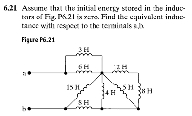 6.21 Assume that the initial energy stored in the induc-
tors of Fig. P6.21 is zero. Find the equivalent induc-
tance with respect to the terminals a,b.
Figure P6.21
3 H
6 H
12 H
a
15 H
5H
34 H
38H
8 H
be
