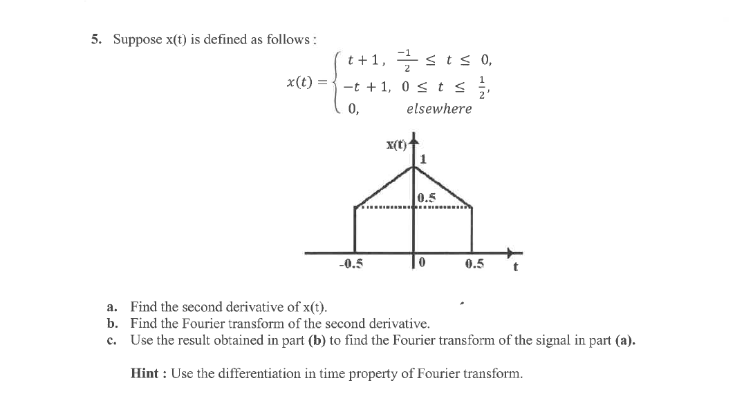 5. Suppose x(t) is defined as follows :
t +1, s ts 0,
x(t) =
-t +1, 0 < t< ;
1
0,
elsewhere
X(t)
0.5
-0.5
0.5
a. Find the second derivative of x(t).
b. Find the Fourier transform of the second derivative.
c. Use the result obtained in part (b) to find the Fourier transform of the signal in part (a).
Hint : Use the differentiation in time property of Fourier transform.
