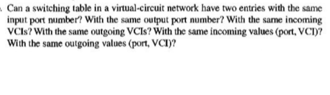 . Can a switching table in a virtual-circuit network have two entries with the same
input port number? With the same output port number? With the same incoming
VCIS? With the same outgoing VCIs? With the same incoming values (port, VCI)?
With the same outgoing values (port, VCI)?