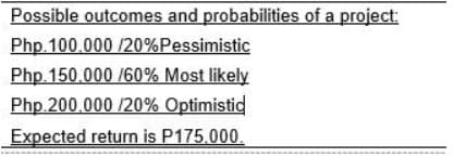 Possible outcomes and probabilities of a project:
Php.100,000 /20%Pessimistic
Php. 150.000 /60% Most likely
Php.200.000 /20% Optimistid
Expected return is P175.000.
