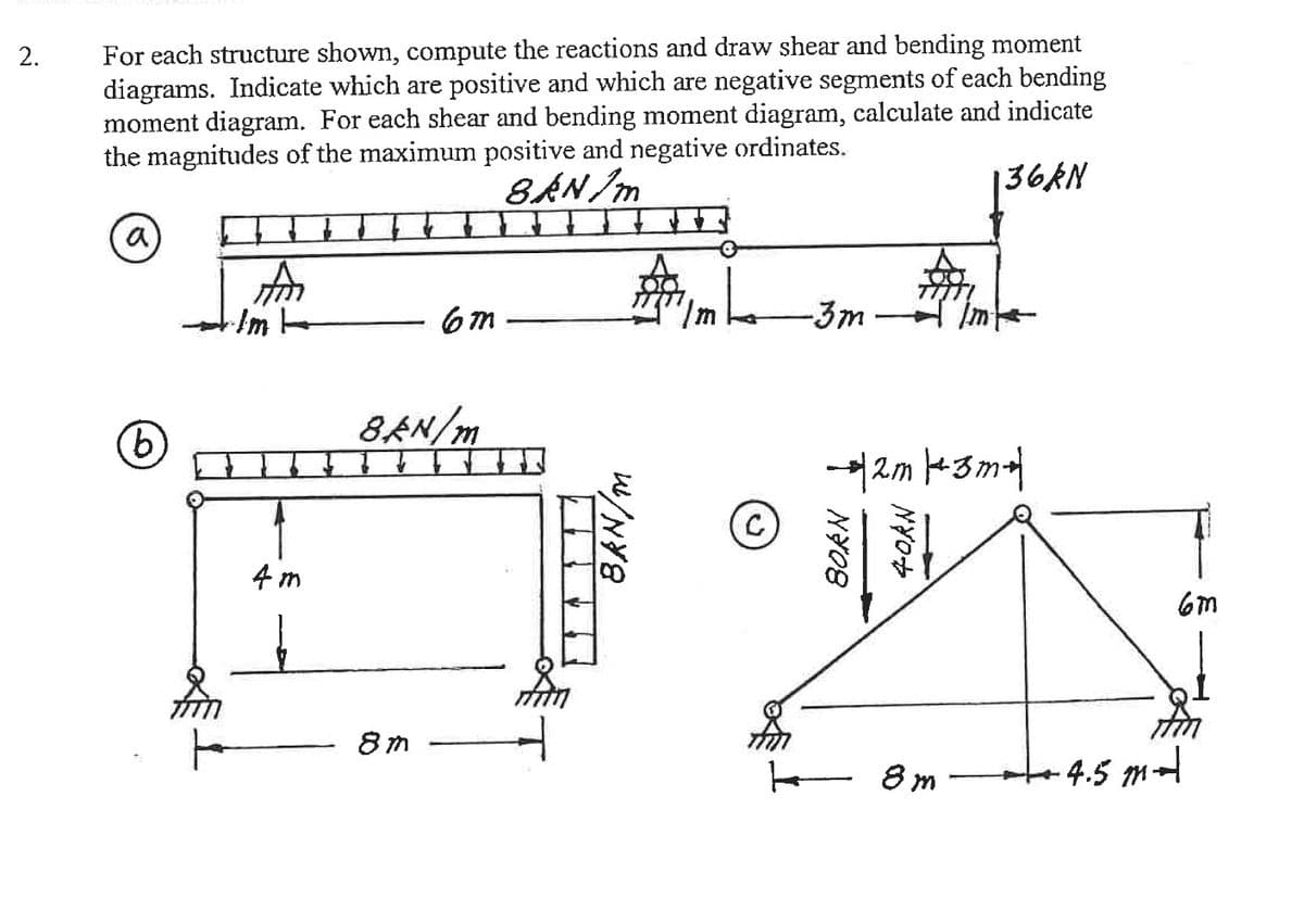 2.
For each structure shown, compute the reactions and draw shear and bending moment
diagrams. Indicate which are positive and which are negative segments of each bending
moment diagram. For each shear and bending moment diagram, calculate and indicate
the magnitudes of the maximum positive and negative ordinates.
8kN/m
136kN
(6)
4m
6m
8kN/m
8m
BAN/m
-3m
→ 2m +3m +
BORN
40AN
8m
6m
4.5 ml