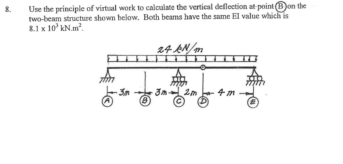 8.
Use the principle of virtual work to calculate the vertical deflection at-point Bon the
two-beam structure shown below. Both beams have the same EI value which is
8.1 x 10³ kN.m².
·3m
24 kN/m
+
B
0
・3m 2m 4m
E
