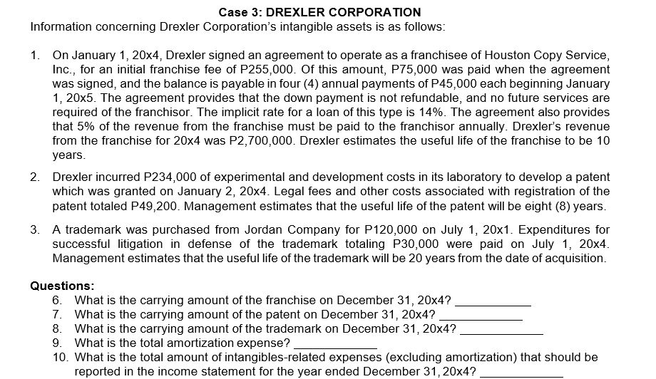 Case 3: DREXLER CORPORATION
Information concerning Drexler Corporation's intangible assets is as follows:
1. On January 1, 20x4, Drexler signed an agreement to operate as a franchisee of Houston Copy Service,
Inc., for an initial franchise fee of P255,000. Of this amount, P75,000 was paid when the agreement
was signed, and the balance is payable in four (4) annual payments of P45,000 each beginning January
1, 20x5. The agreement provides that the down payment is not refundable, and no future services are
required of the franchisor. The implicit rate for a loan of this type is 14%. The agreement also provides
that 5% of the revenue from the franchise must be paid to the franchisor annually. Drexler's revenue
from the franchise for 20x4 was P2,700,000. Drexler estimates the useful life of the franchise to be 10
years.
2. Drexler incurred P234,000 of experimental and development costs in its laboratory to develop a patent
which was granted on January 2, 20x4. Legal fees and other costs associated with registration of the
patent totaled P49,200. Management estimates that the useful life of the patent will be eight (8) years.
3. A trademark was purchased from Jordan Company for P120,000 on July 1, 20x1. Expenditures for
successful litigation in defense of the trademark totaling P30,000 were paid on July 1, 20x4.
Management estimates that the useful life of the trademark will be 20 years from the date of acquisition.
Questions:
6. What is the carrying amount of the franchise on December 31, 20x4?
7. What is the carrying amount of the patent on December 31, 20x4?
8. What is the carrying amount of the trademark on December 31, 20x4?
9. What is the total amortization expense?
10. What is the total amount of intangibles-related expenses (excluding amortization) that should be
reported in the income statement for the year ended December 31,20x4?
