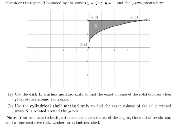 Consider the region R bounded by the curves y =
V2x, y = 2, and the y-axis, shown here:
(0, 2)
(4, 2)
(0, 0)
(a) Use the disk & washer method only to find the exact volume of the solid created when
R is rotated around the a-axis.
(b) Use the cylindrical shell method only to find the exact volume of the solid created
when R is rotated around the y-axis.
