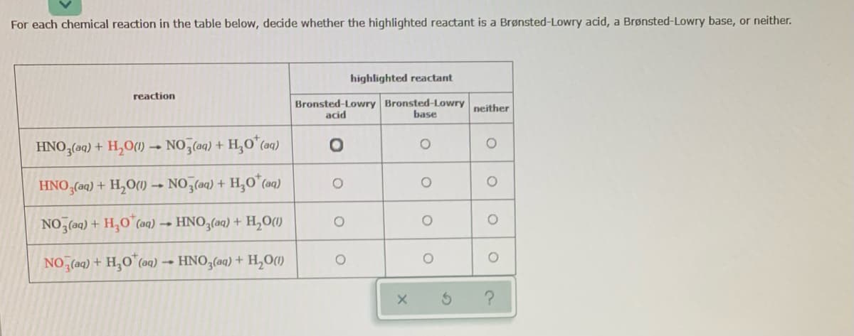 For each chemical reaction in the table below, decide whether the highlighted reactant is a Brønsted-Lowry acid, a Brønsted-Lowry base, or neither.
highlighted reactant
reaction
Bronsted-Lowry Bronsted-Lowry neither
base
acid
HNO,(aq) + H,O(1) → NO,(aq) + H,O*(aq)
HNO,(aq) + H,O(1) → NO,(aq) + H,O" (aq)
NO,(aq) + H,O"(aq) → HNO,(aq) + H,O()
NO (aq) + H,O (aq) →
HNO,(aq) + H,O()
