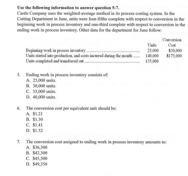 Use the following information to answer question 5-7.
Castle Company uses the weighted-average method in its process costing system. In the
Cutting Department in June, units were four-fifths complete with respect to conversion in the
beginning work in process inventory and one-third complete with respect to conversion in the
ending work in process inventory. Other data for the department for June follow:
Conversion
Beginning work in process inventory.
Units started into production, and costs incurred during the month.
Units completed and transferred out..
Units
25,000
140,000
Cost
$30,000
$175,000
135,000
1......
5. Ending work in process inventory consists of:
A. 25,000 units.
B. 30,000 units.
C. 35,000 units.
D. 40,000 units.
6. The conversion cost per equivalent unit should be:
A. $1.21
B. $1.30
C. $1.41
D. $1.52
7. The conversion cost assigned to ending work in process inventory amounts to:
A. $36,300
B. $42,300
C. $45,500
D. $49,350
