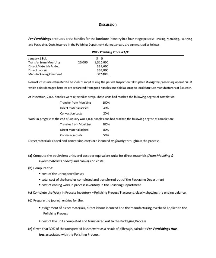 Discussion
Fen Furnishings produces brass handles for the furniture industry in a four-stage process -Mixing, Moulding, Polishing
and Packaging. Costs incurred in the Polishing Department during January are summarized as follows:
WIP - Polishing Process A/C
January 1 Bal.
Transfer from Moulding
Direct Materials Added
20,000
1,310,000
391,600
638,000
307,400
Direct Labour
Manufacturing Overhead
Normal losses are estimated to be 2%% of input during the period. Inspection takes place during the processing operation, at
which point damaged handles are separated from good handles and sold as scrap to local furniture manufacturers at $85 each.
At inspection, 2,000 handles were rejected as scrap. These units had reached the following degree of completion:
Transfer from Moulding
100%
Direct material added
40%
Conversion costs
20%
Work-in-progress at the end of January was 4,000 handles and had reached the following degree of completion:
Transfer from Moulding
100%
Direct material added
80%
Conversion costs
50%
Direct materials added and conversion costs are incurred uniformly throughout the process.
(a) Compute the equivalent units and cost per equivalent units for direct materials (From Moulding &
Direct materials added) and conversion costs.
(b) Compute the:
cost of the unexpected losses
• total cost of the handles completed and transferred out of the Packaging Department
* cost of ending work in process inventory in the Polishing Department
(c) Complete the Work in Process Inventory - Polishing Process T-account, clearly showing the ending balance.
(d) Prepare the journal entries for the:
• assignment of direct materials, direct labour incurred and the manufacturing overhead applied to the
Polishing Process
cost of the units completed and transferred out to the Packaging Process
(e) Given that 30% of the unexpected losses were as a result of pilferage, calculate Fen Furnishings true
loss associated with the Polishing Process.
