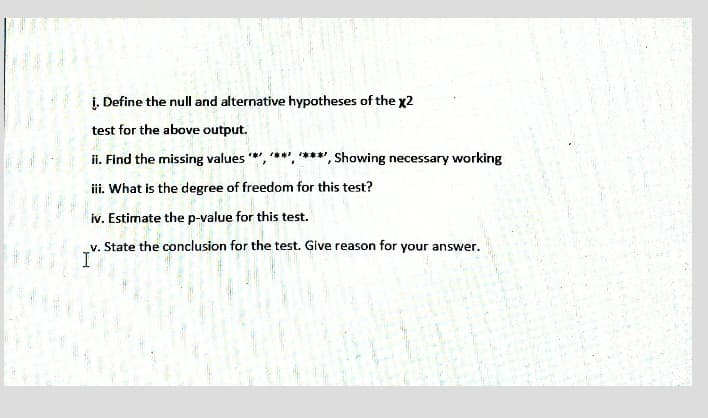 į. Define the null and alternative hypotheses of the x2
test for the above output.
ii. Find the missing values *, **, ***, Showing necessary working
iii. What is the degree of freedom for this test?
iv. Estimate the p-value for this test.
v. State the conclusion for the test. Give reason for your answer.
