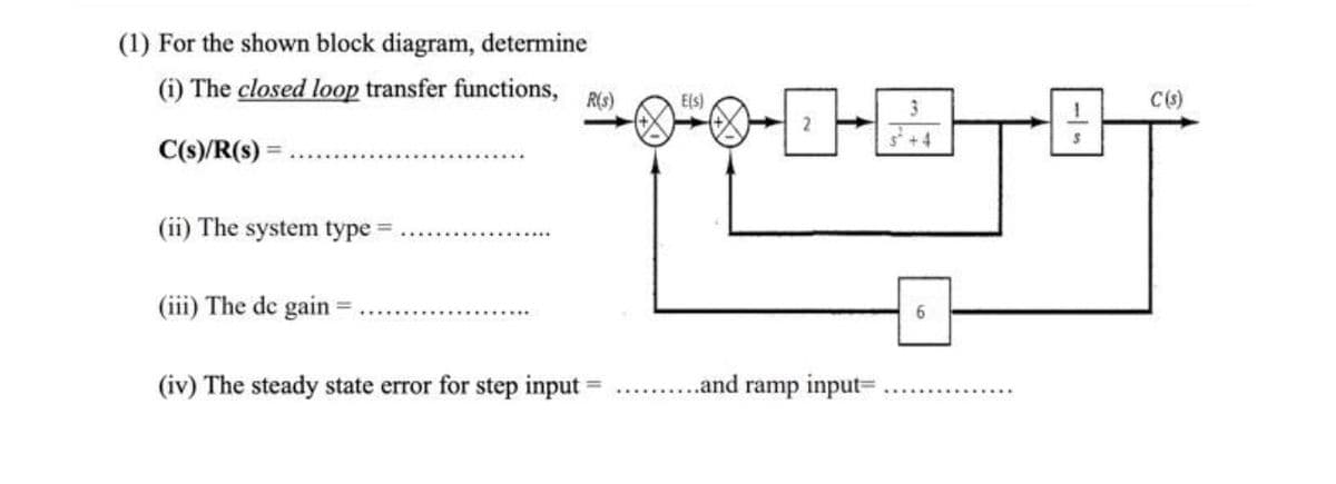 (1) For the shown block diagram, determine
(i) The closed loop transfer functions, Ro)
Els)
3
s+4
C(s)/R(s) =
(ii) The system type =
(iii) The de gain =
6.
(iv) The steady state error for step input =
...and ramp input=
