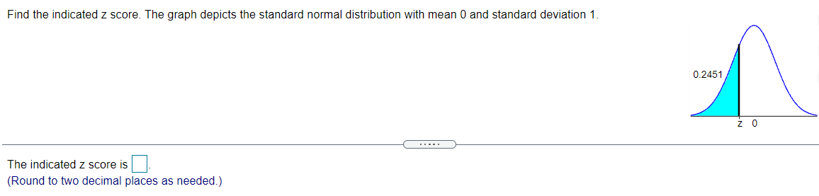 Find the indicated z score. The graph depicts the standard normal distribution with mean 0 and standard deviation 1
0.2451
z 0
.....
The indicated z score is
(Round to two decimal places as needed.)
