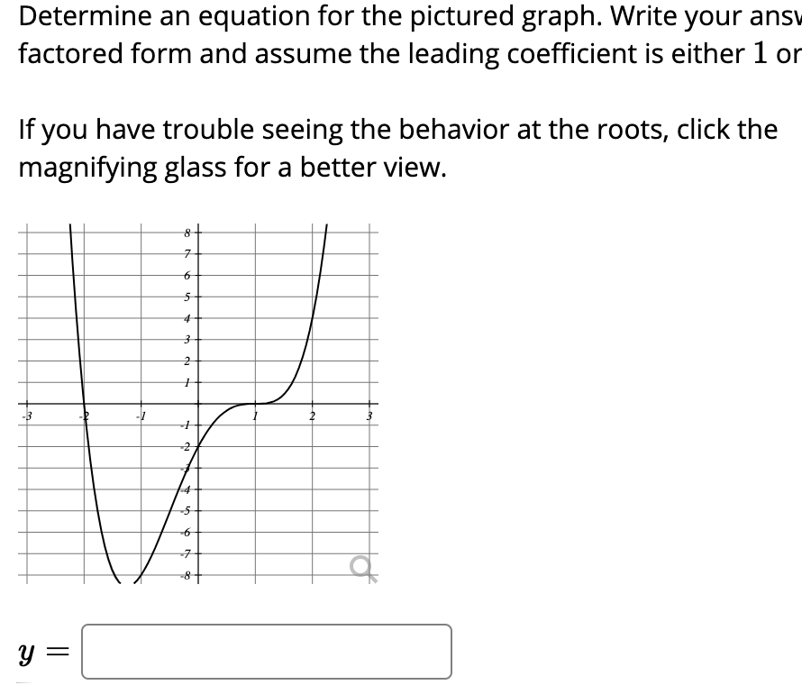 Determine an equation for the pictured graph. Write your answ
factored form and assume the leading coefficient is either 1 or
If you have trouble seeing the behavior at the roots, click the
magnifying glass for a better view.
구
-8+
y =
