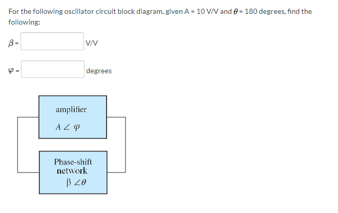 For the following oscillator circuit block diagram, given A = 10 VV and 0 = 180 degrees, find the
following:
B =
degrees
amplifier
AZ P
Phase-shift
network
B 20
