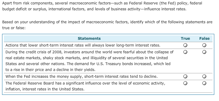 Apart from risk components, several macroeconomic factors-such as Federal Reserve (the Fed) policy, federal
budget deficit or surplus, international factors, and levels of business activity-influence interest rates.
Based on your understanding of the impact of macroeconomic factors, identify which of the following statements are
true or false:
False
Statements
True
Actions that lower short-term interest rates will always lower long-term interest rates.
During the credit crisis of 2008, investors around the world were fearful about the collapse of
real estate markets, shaky stock markets, and lliquidity of several securities in the United
States and several other nations. The demand for U.S. Treasury bonds increased, which led
to a rise in their price and a decline in their yields.
When the Fed increases the money supply, short-term interest rates tend to decline.
The Federal Reserve Board has a significant influence over the level of economic activity,
inflation, interest rates in the United States.
