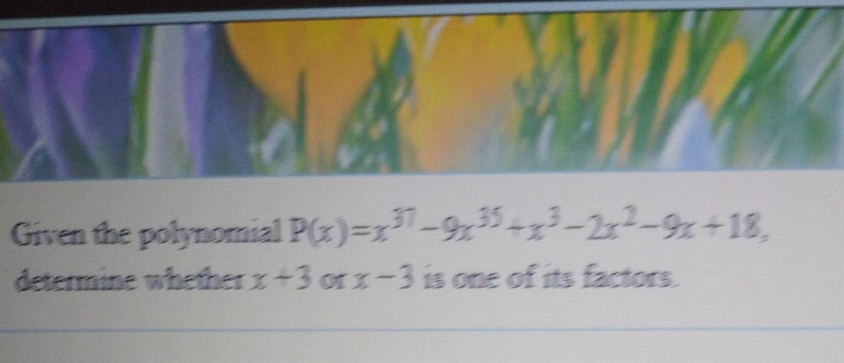 Given the polynomial P(z)=x-9+-2x2-9%+18,
determine whether x+3 or x-3 is one of its factors.
37
