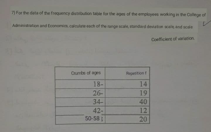 7) For the data of the frequency distribution table for the ages of the employees working in the College of
Administration and Economics, calculate each of the range scale, standard deviation scale, and scale
Coefficient of variation.
Crumbs of ages
Repetition f
18-
14
26-
19
34-
40
42-
50-58 }
12
20
