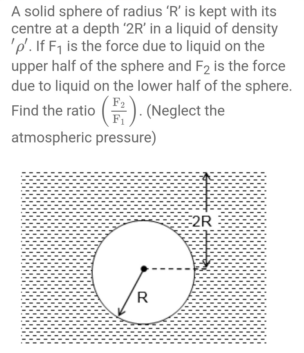 A solid sphere of radius 'R' is kept with its
centre at a depth '2R' in a liquid of density
'P'. If F1 is the force due to liquid on the
upper half of the sphere and F2 is the force
due to liquid on the lower half of the sphere.
F2
Find the ratio
(품). (Neglect the
atmospheric pressure)
2R
R
