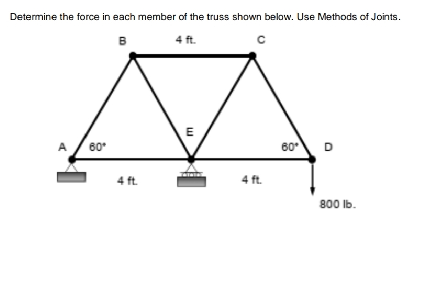 Determine the force in each member of the truss shown below. Use Methods of Joints.
B
4 ft.
E
A
60°
60°
D
4 ft.
4 ft.
800 Ib.
