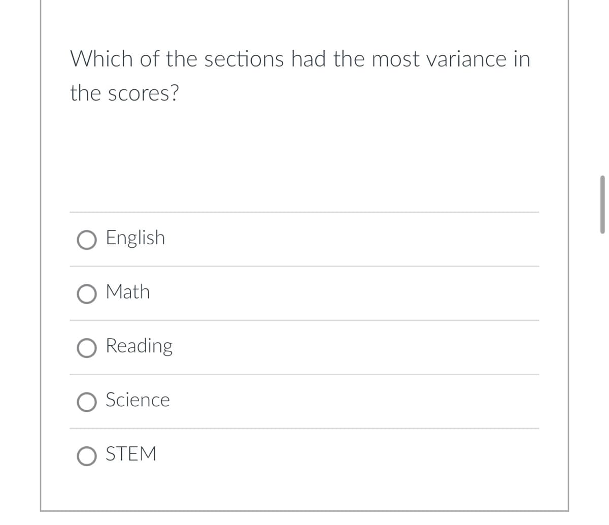 Which of the sections had the most variance in
the scores?
O English
O Math
Reading
O Science
O STEM
