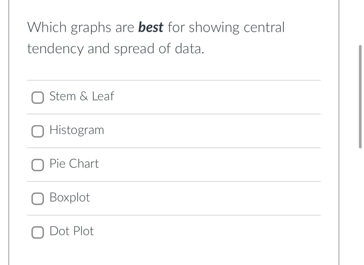 Which graphs are best for showing central
tendency and spread of data.
Stem & Leaf
O Histogram
Pie Chart
O Boxplot
O Dot Plot
