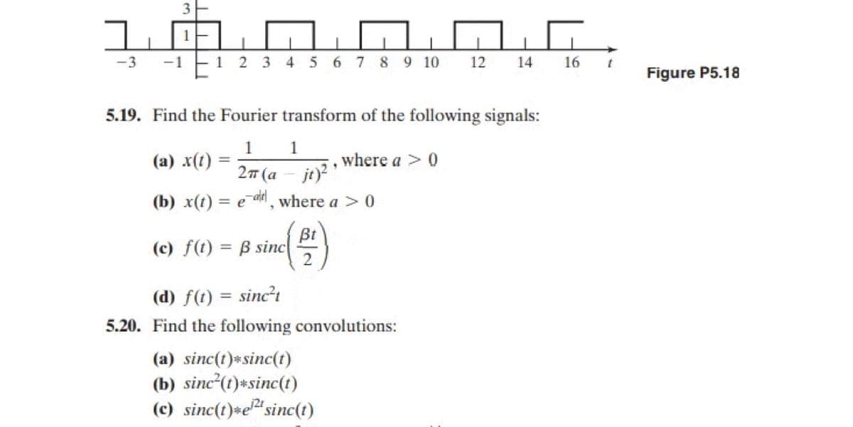 -3
1 2 3 4 5 6 7 8 9 10
-1
12
14
16
Figure P5.18
5.19. Find the Fourier transform of the following signals:
1
(а) x() -
1
where a > 0
27 (a – jt)?'
(b) x(t) = e a, where a > 0
Bt
(c) f(t) = B sinc
%3D
(d) f(t) = sinc?
%3D
5.20. Find the following convolutions:
(a) sinc(t)*sinc(t)
(b) sinc (t)*sinc(t)
(c) sinc(t)*e"sinc(t)
