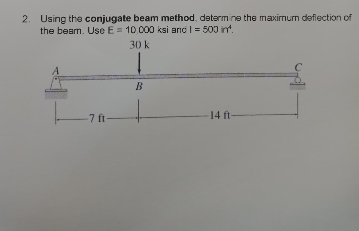 2. Using the conjugate beam method, determine the maximum deflection of
the beam. Use E = 10,000 ksi and I = 500 in4.
30 k
A
B
-14 ft-
-7 ft-