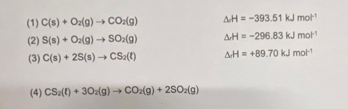 (1) C(s) + Oz(g) –→ CO2(g)
A:H = -393.51 kJ mol1
(2) S(s) + O2(g) → SO2(g)
A:H = -296.83 kJ mol1
(3) C(s) + 2S(s) CS2(t)
A:H = +89.70 kJ mol-1
(4) CS2(t) + 302(g) → CO2(g) + 2SO2(g)
