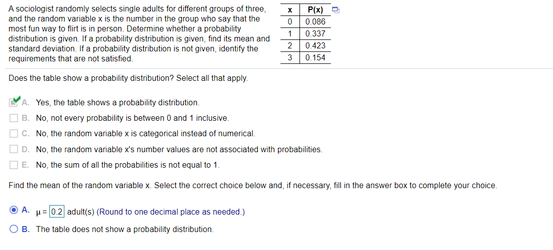 A sociologist randomly selects single adults for different groups of three,
and the random variable x is the number in the group who say that the
most fun way to flirt is in person. Determine whether a probability
distribution is given. If a probability distribution is given, find its mean and
standard deviation. If a probability distribution is not given, identify the
requirements that are not satisfied.
P(x) O
0.086
1
0.337
2
0.423
0.154
Does the table show a probability distribution? Select all that apply.
YA. Yes, the table shows a probability distribution.
O B. No, not every probability is between 0 and 1 inclusive.
O C. No, the random variable x is categorical instead of numerical.
O D. No, the random variable x's number values are not associated with probabilities.
O E. No, the sum of all the probabilities is not equal to 1.
Find the mean of the random variable x. Select the correct choice below and, if necessary, fill in the answer box to complete your choice.
O A.
u= 0.2 adult(s) (Round to one decimal place as needed.)
O B. The table does not show a probability distribution.
