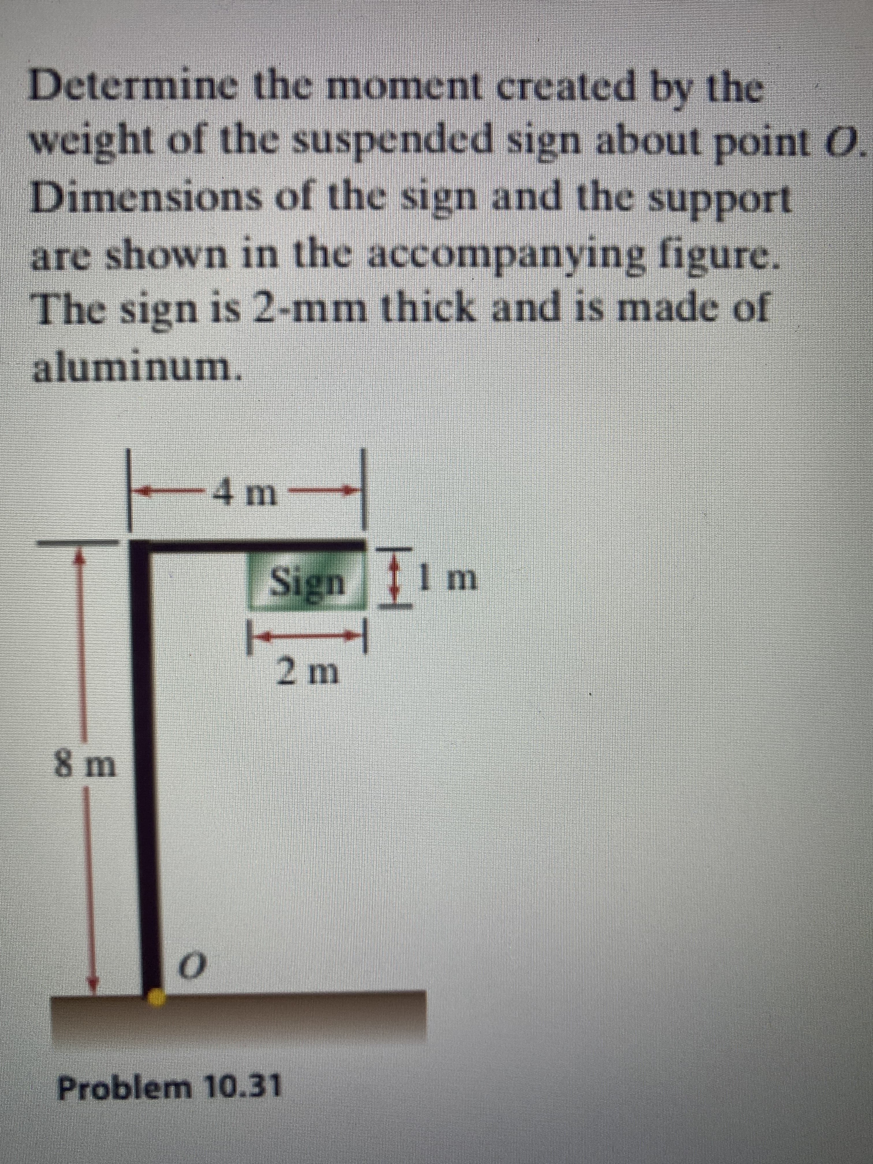 Determine the moment created by the
weight of the suspended sign about point 0.
Dimensions of the sign and the support
are shown in the accompanying figure.
The sign is 2-mm thick and is made of
aluminum.
Problem 10.31

