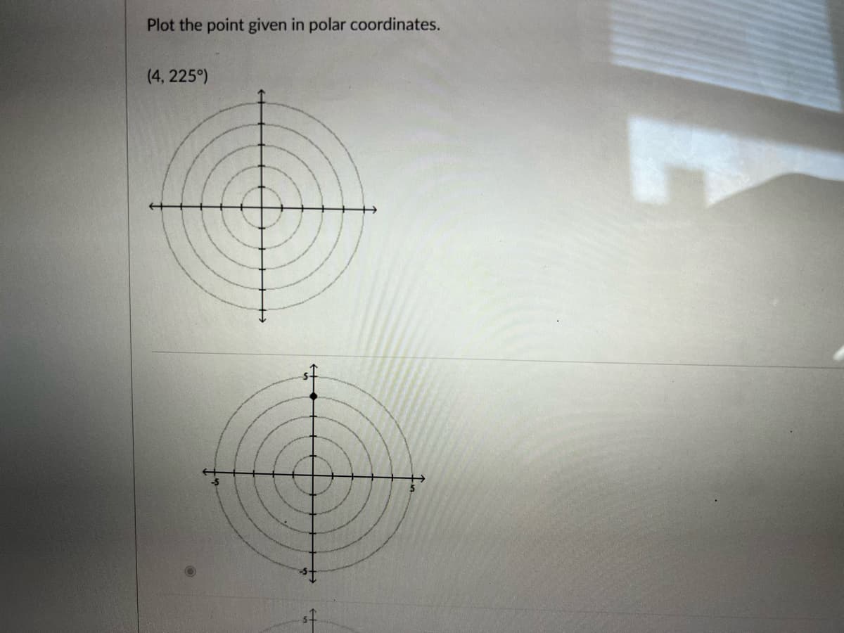 Plot the point given in polar coordinates.
(4, 225°)

