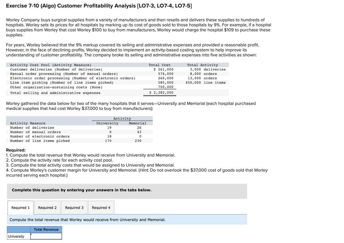 Exercise 7-10 (Algo) Customer Profitability Analysis [LO7-3, LO7-4, LO7-5]
Worley Company buys surgical supplies from a variety of manufacturers and then resells and delivers these supplies to hundreds of
hospitals. Worley sets its prices for all hospitals by marking up its cost of goods sold to those hospitals by 9%. For example, if a hospital
buys supplies from Worley that cost Worley $100 to buy from manufacturers, Worley would charge the hospital $109 to purchase these
supplies.
For years, Worley believed that the 9% markup covered its selling and administrative expenses and provided a reasonable profit.
However, in the face of declining profits, Worley decided to implement an activity-based costing system to help improve its
understanding of customer profitability. The company broke its selling and administrative expenses into five activities as shown:
Total Activity
3,000 deliveries
8,000 orders
Activity Cost Pool (Activity Measure)
Customer deliveries (Number of deliveries)
Manual order processing (Number of manual orders)
Electronic order processing (Number of electronic orders)
Line item picking (Number of line items picked)
Other organization-sustaining costs (None)
Total Cost
$ 261,000
576,000
260,000
585,000
13,000 orders
450,000 line items
700,000
Total selling and administrative expenses
$ 2,382,000
Worley gathered the data below for two of the many hospitals that it serves-University and Memorial (each hospital purchased
medical supplies that had cost Worley $37,000 to buy from manufacturers):
Activity
Activity Measure
University
Memorial
Number of deliveries
19
26
Number of manual orders
43
Number of electronic orders
Number of line items picked
18
170
230
Required:
1. Compute the total revenue that Worley would receive from University and Memorial.
2. Compute the activity rate for each activity cost pool.
3. Compute the total activity costs that would be assigned to University and Memorial.
4. Compute Worley's customer margin for University and Memorial. (Hint. Do not overlook the $37,000 cost of goods sold that Worley
incurred serving each hospital.)
Complete this question by entering your answers in the tabs below.
Required 1
Required 2
Required 3
Required 4
Compute the total revenue that Worley would receive from University and Memorial.
Total Revenue
University
