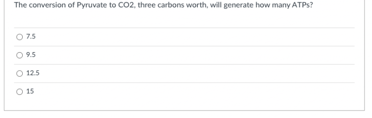 The conversion of Pyruvate to CO2, three carbons worth, will generate how many ATPS?
O 7.5
O 9.5
O 12.5
O 15
