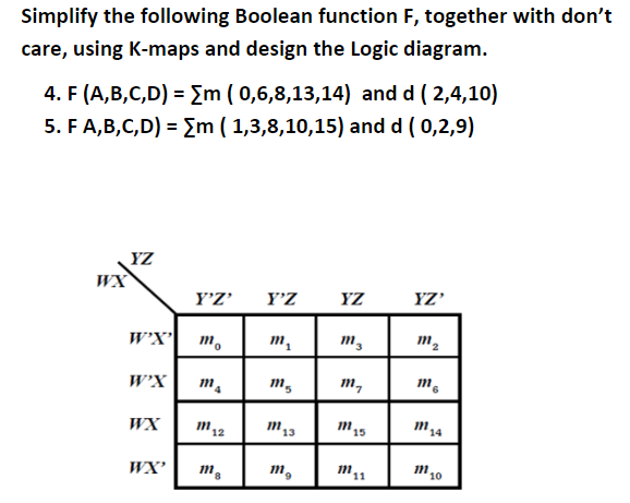 Simplify the following Boolean function F, together with don't
care, using K-maps and design the Logic diagram.
4. F (A,B,C,D) = {m ( 0,6,8,13,14) and d ( 2,4,10)
5. FA,B,C,D) = Em ( 1,3,8,10,15) and d ( 0,2,9)
YZ
WX
Y'Z'
Y'Z
YZ
YZ'
W'X'
m.
m,
m,
W'X
m.
m,
т,
WX
113
m,
14
WX'
10

