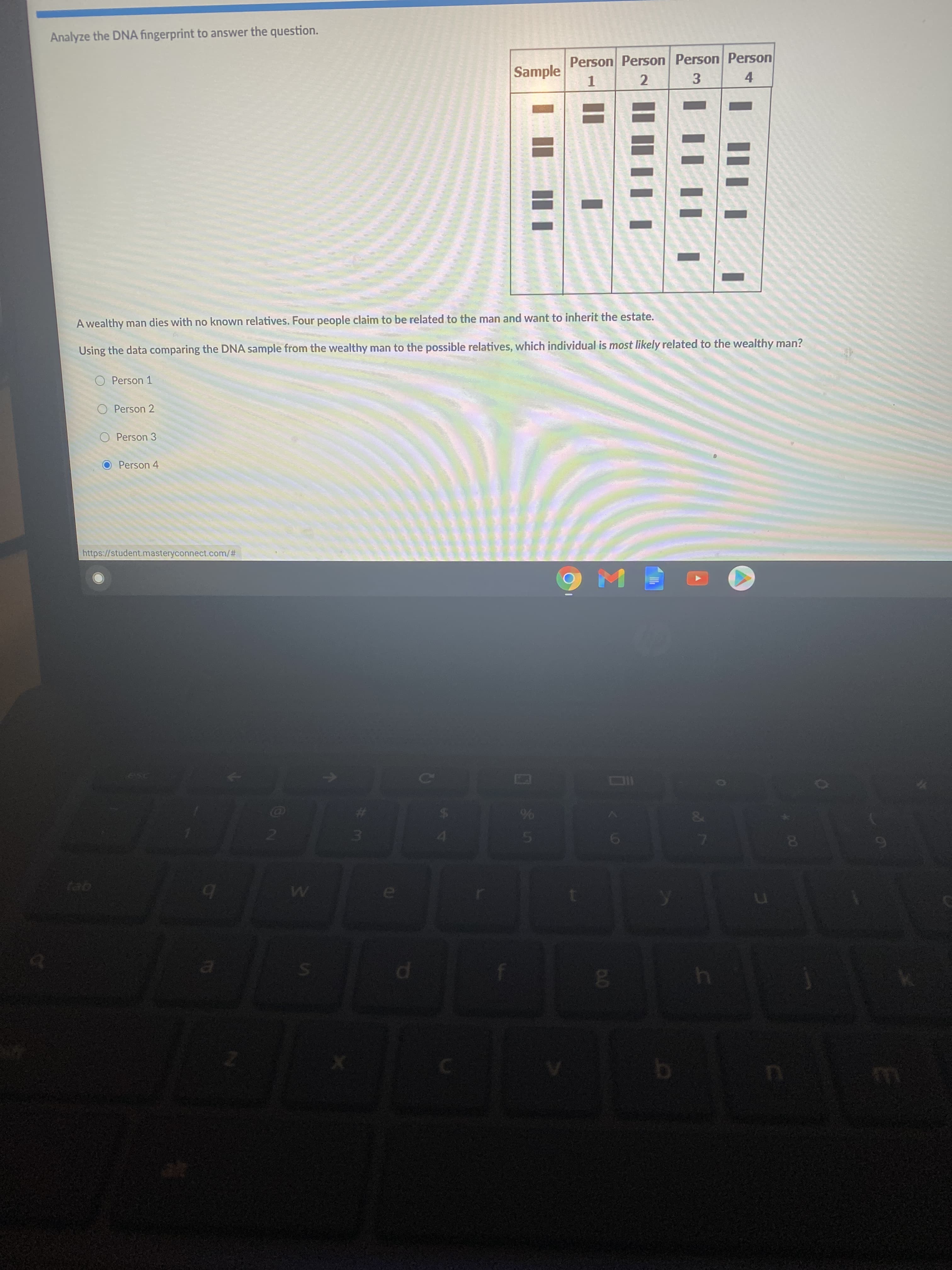 Using the data comparing the DNA sample from the wealthy man to the possible relatives, which individual is most likely related to the wealthy man?
