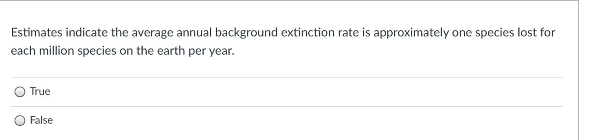 Estimates indicate the average annual background extinction rate is approximately one species lost for
each million species on the earth per year.
True
False

