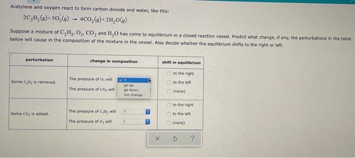 Acetylene and oxygen react to form carbon dioxide and water, like this:
2C₂H₂(g)+50, (g) -
-
4CO₂(g) + 2H₂O(g)
Suppose a mixture of C₂H₂, O₂, CO₂ and H₂O has come to equilibrium in a closed reaction vessel. Predict what change, if any, the perturbations in the table
below will cause in the composition of the mixture in the vessel. Also decide whether the equilibrium shifts to the right or left.
perturbation
Some Call, is removed.
Some CO, is added.
change in composition
The pressure of O₂ will
The pressure of CO₂ will
The pressure of C₂H₂ will
The pressure of O₂ will
go up
go down
not change.
7
7
Ⓒ
·
shift in equilibrium
to the right
to the left
(none)
to the right
to the left
(none)
?