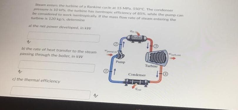 Steam enters the turbine of a Rankine cycle at 15 MPa, 550°C. The condenser
pressure is 10 kPa, the turbine has isentropic efficiency of 85%, while the pump can
be considered to work isentropically. If the mass flow rate of steam entering the
turbine is 120 kg/s, determine
a) the net power developed, in kW
A
b) the rate of heat transfer to the steam
passing through the boiler, in kW
A
c) the thermal efficiency
A
Pump
Boiler
Turbine
Condenser
Four
Web