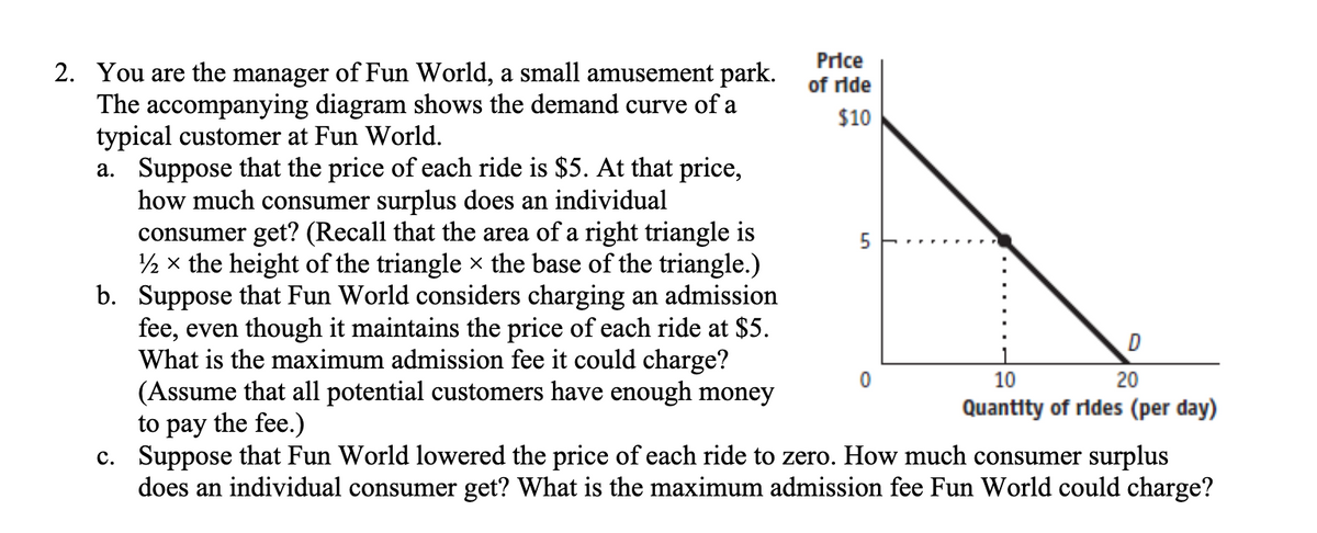 Price
2. You are the manager of Fun World, a small amusement park.
of ride
The accompanying diagram shows the demand curve of a
typical customer at Fun World.
a. Suppose that the price of each ride is $5. At that price,
how much consumer surplus does an individual
consumer get? (Recall that the area of a right triangle is
½ x the height of the triangle × the base of the triangle.)
b. Suppose that Fun World considers charging an admission
fee, even though it maintains the price of each ride at $5.
What is the maximum admission fee it could charge?
(Assume that all potential customers have enough money
to pay the fee.)
c. Suppose that Fun World lowered the price of each ride to zero. How much consumer surplus
does an individual consumer get? What is the maximum admission fee Fun World could charge?
$10
D
10
20
Quantity of rides (per day)
