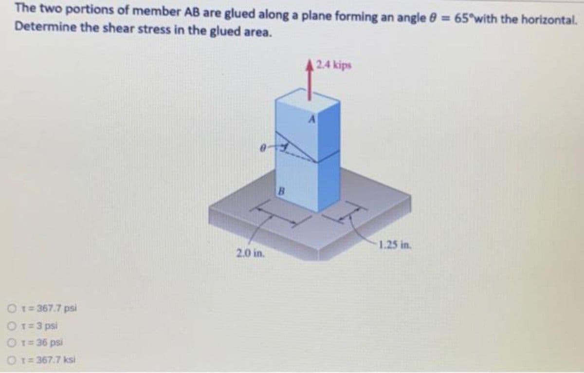 The two portions of member AB are glued along a plane forming an angle 0 = 65°with the horizontal.
Determine the shear stress in the glued area.
2.4 kips
B
1.25 in.
2.0 in.
Ot=367.7 psi
OT=3 psi
O1=36 psi
O1=367.7 ksi
