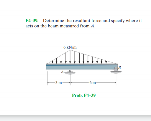 F4-39. Determine the resultant force and specify where it
acts on the beam measured from A.
6 kN/m
A
3 m
6 m
Prob. F4-39
