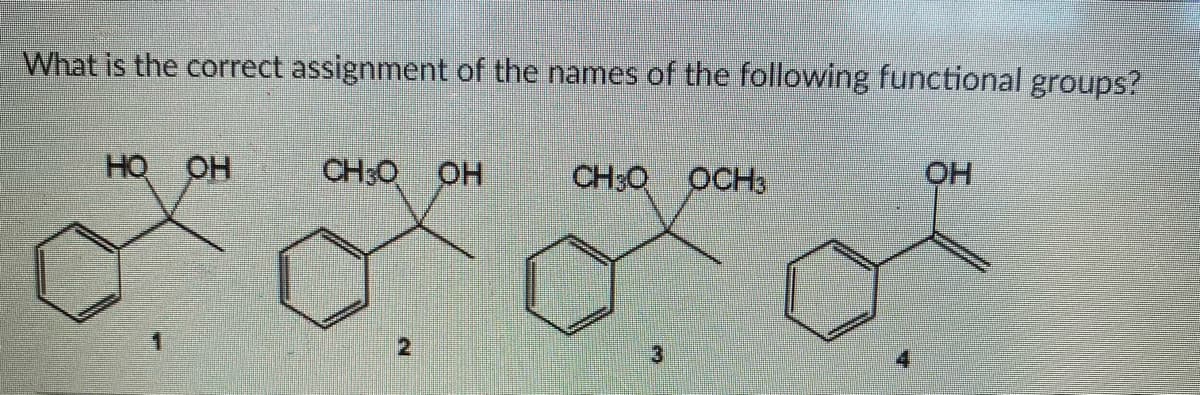What is the correct assignment of the names of the following functional groups?
HO OH
CH:O OH
CH30 OCH3
HO
3.
2.
