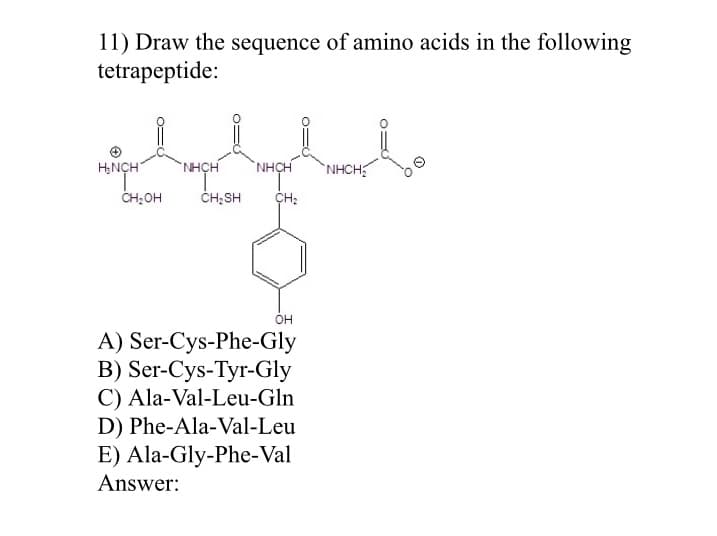 11) Draw the sequence of amino acids in the following
tetrapeptide:
H;NÇH
NHCH
NHCH
`NHCH
CH:OH
ČH;SH
CH:
A) Ser-Cys-Phe-Gly
B) Ser-Cys-Tyr-Gly
C) Ala-Val-Leu-Gln
D) Phe-Ala-Val-Leu
E) Ala-Gly-Phe-Val
Answer:
