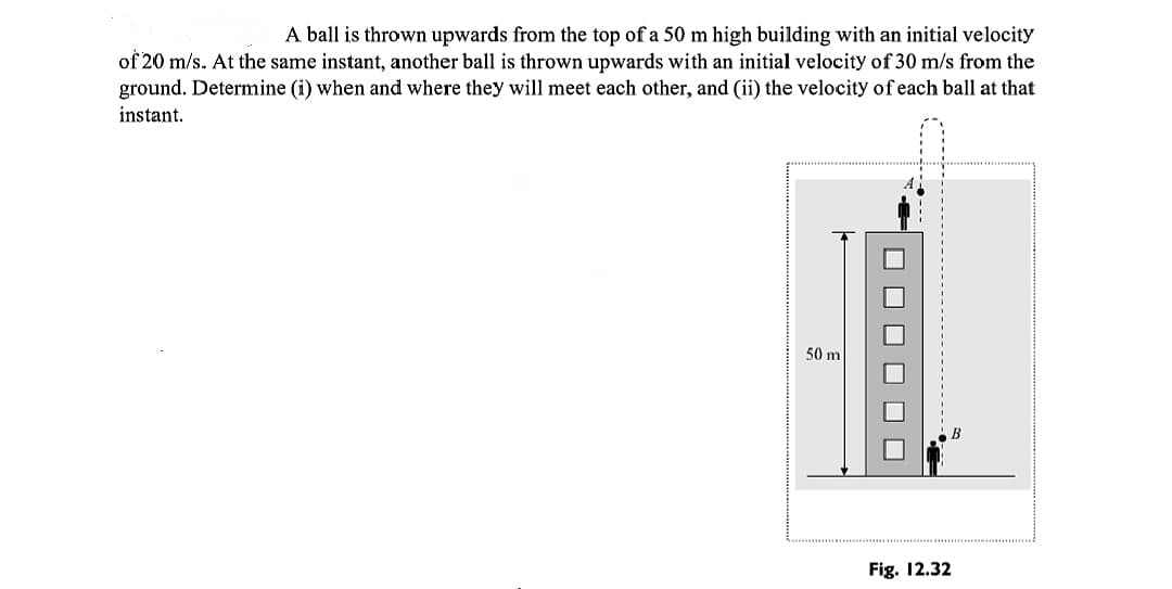 A ball is thrown upwards from the top of a 50 m high building with an initial velocity
of 20 m/s. At the same instant, another ball is thrown upwards with an initial velocity of 30 m/s from the
ground. Determine (i) when and where they will meet each other, and (ii) the velocity of each ball at that
instant.
