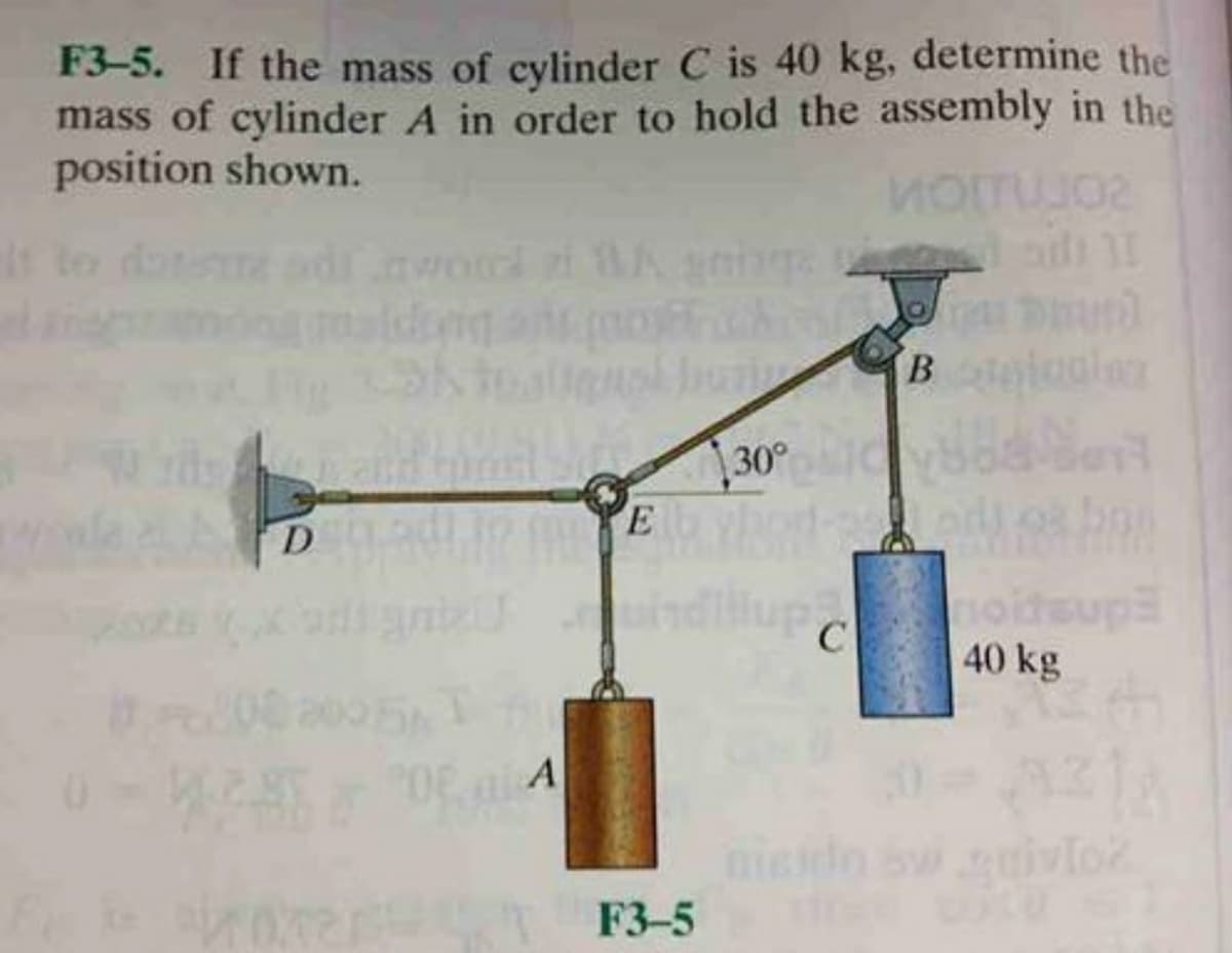 F3-5. If the mass of cylinder C is 40 kg, determine the
mass of cylinder A in order to hold the assembly in the
position shown.
to datsm
ord zi
B
30°
E
D
C
40 kg
A
F3-5
