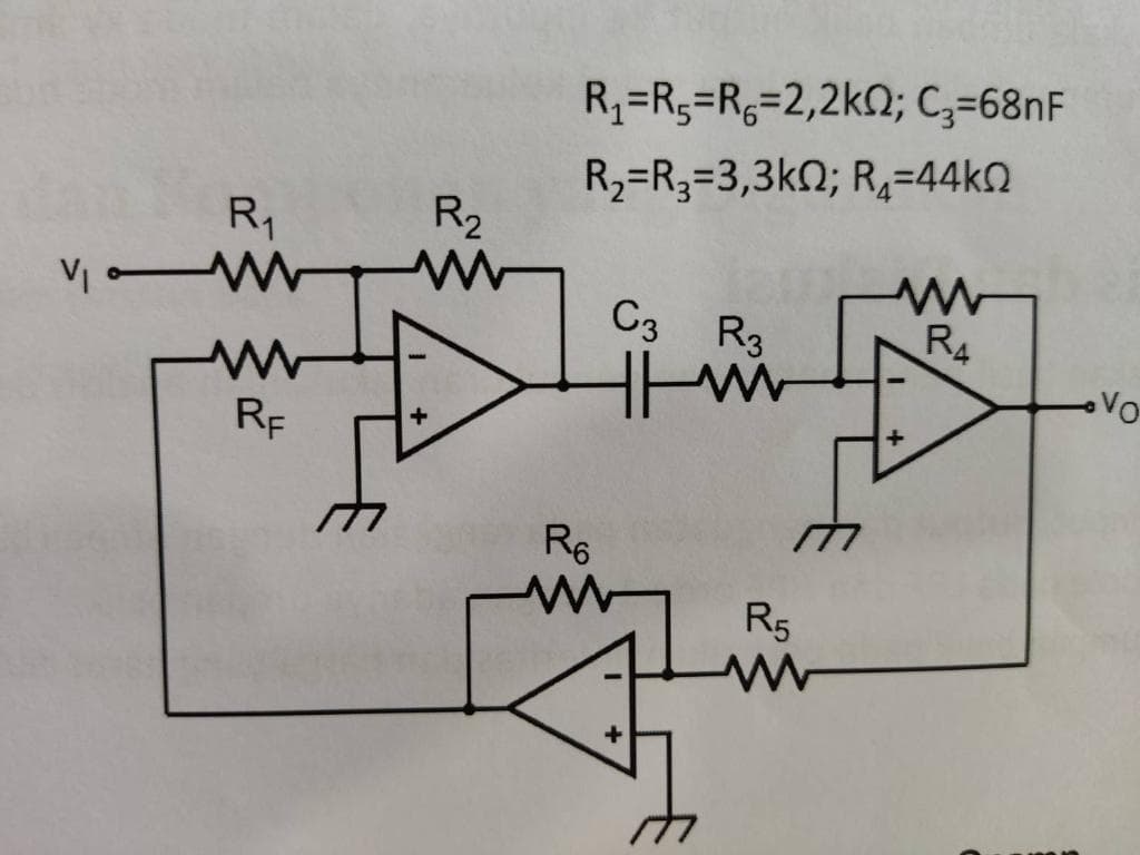 R₁
V₁M
www
RE
+
R₂
R₁=R5=R6=2,2kQ2; C₂=68nF
R₂=R3=3,3k0; R₂=44kQ
R6
C3 R3
R5
www
R4
Vo