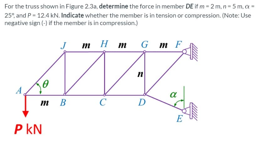 For the truss shown in Figure 2.3a, determine the force in member DE if m = 2 m, n = 5 m, a =
25°, and P = 12.4 kN. Indicate whether the member is in tension or compression. (Note: Use
negative sign (-) if the member is in compression.)
J
m H
m
G m F
A
M
В
C
D
E
P kN
