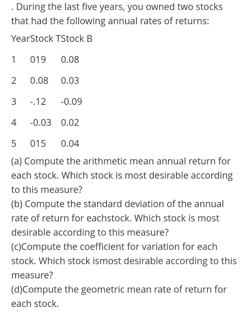 . During the last five years, you owned two stocks
that had the following annual rates of returns:
YearStock TStock B
1
019
0.08
2
0.08
0.03
-.12
-0.09
4
-0.03 0.02
015
0.04
(a) Compute the arithmetic mean annual return for
each stock. Which stock is most desirable according
to this measure?
(b) Compute the standard deviation of the annual
rate of return for eachstock. Which stock is most
desirable according to this measure?
(c)Compute the coefficient for variation for each
stock. Which stock ismost desirable according to this
measure?
(d)Compute the geometric mean rate of return for
each stock.
