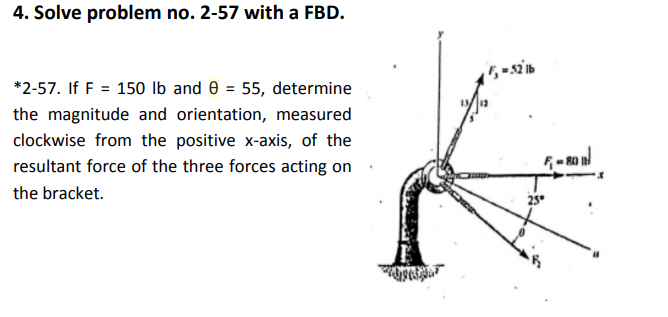 4. Solve problem no. 2-57 with a FBD.
*2-57. If F = 150 Ib and 0 = 55, determine
the magnitude and orientation, measured
clockwise from the positive x-axis, of the
resultant force of the three forces acting on
the bracket.
